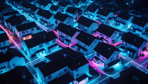 a-busy-neighbourhood-seen-from-above-with-glowing-blue-lines-between-the-houses-to-signify-internet-and-communication-between-them